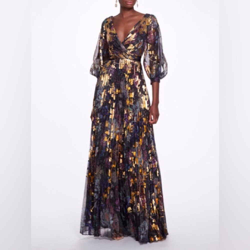 Marchesa Notte Plunge Neck Bishop Sleeve Gown